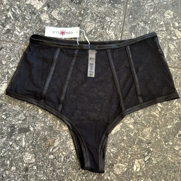 Cosabella Black Sardegna High Waisted Mesh Bikini. Faux leather trim. New. Small - Picture 5 of 7